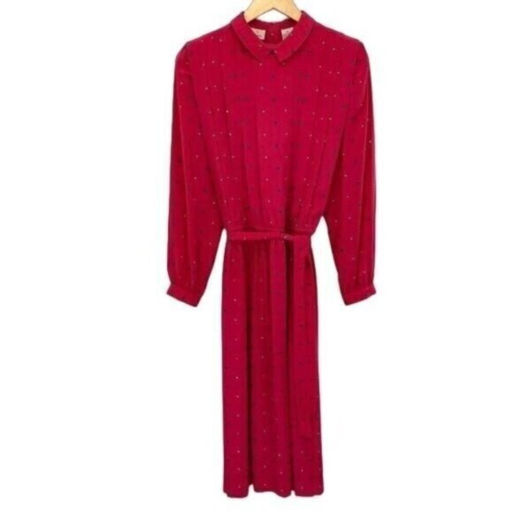 Vintage 80s Liz Claiborne Pink Red Abstract Dot Long Sleeve Midi Dress